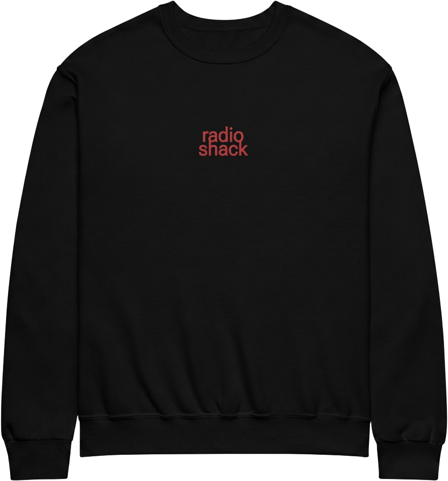 mixo radioshack tracklist sweatshirt — black crewneck with red radio shack chest text