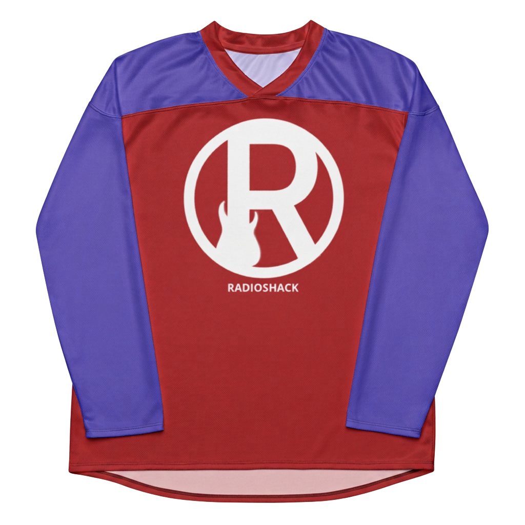 mixo radioshack hockey jersey — red body, blue sleeves, white R logo